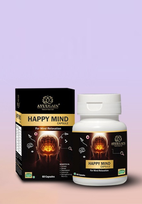 AYUUGAIN Happy Mind Capsule, Herbal Support for Stress, Tension & Anxiety Relief with Ashwagandha, Brahmi, Shankhpushpi, Vacha etc.| Brain, Memory, Sleep, Mood Ayurvedic Supplement - 60 Veg. Capsules