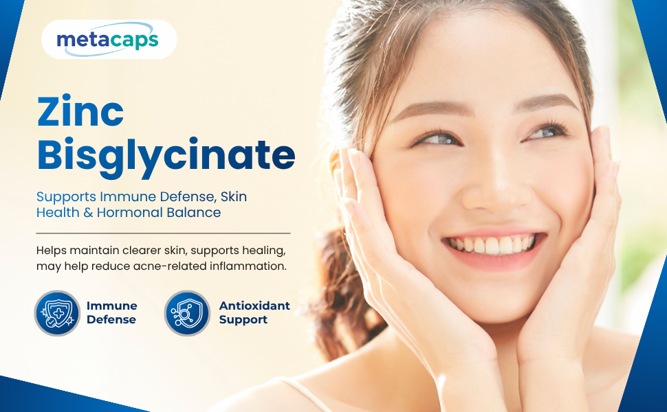 MetaCaps Zinc Bisglycinate – 90 Veg Capsules | High Absorption Chelated Zinc for Maximum Bioavailability | Gentle on Stomach & Non-Nausea Formula | Supports Immune Defense, Skin Health & Hormonal Balance | Vegan & Non-GMO Supplement