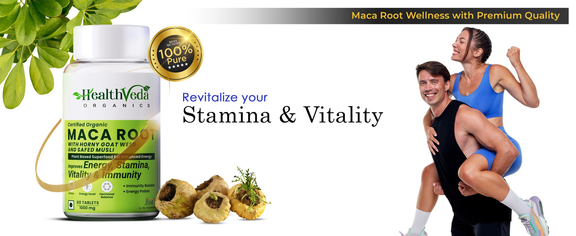 Health Veda Organics Maca Root with Horny Goat Weed & Safed Musli (1000 mg) | 60 Veg Tablets | Energy, Stamina & Vitality Support