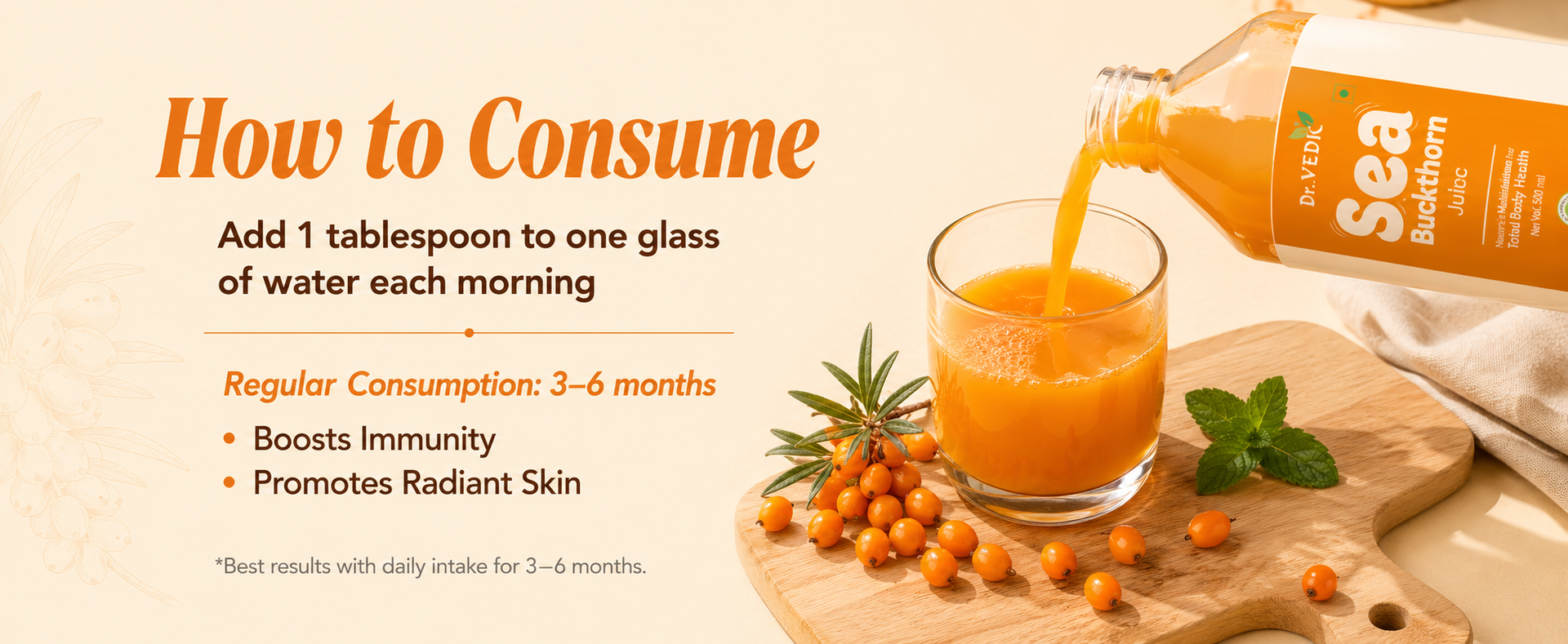 Dr. Vedic Himalayan Sea Buckthorn (Leh Berries) Pulp 500ml | Cold-Pressed Pulp Concentrate | No Added Sugar | Natural Vitamin C & Omega 3-6-7-9 | Supports Immunity, Skin Radiance & Gut Health | Herbal Superfruit Supplement