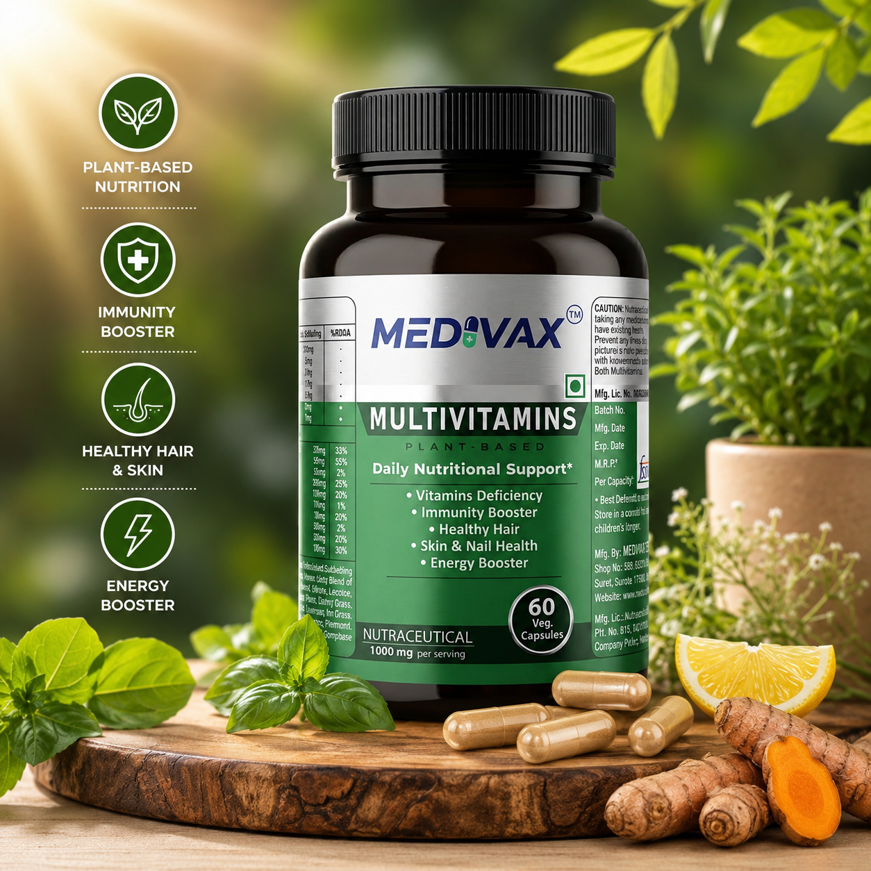 Plant-Based Multivitamin Supplement for Men & Women With Vitamin B1, B2, B3, B5, B6, B7, B9, B12, A, C, D3, E, Calcium, Megnesium, Potassium, Iron, Sodium, Zinc, To Daily Nutritional Support for Immunity, Increase Energy, Boost Stamina, Hair Skin & Nails, And Overall Health Vitamin Deficiency Support, 1000mg Nutraceutical (60 Veg Capsules)