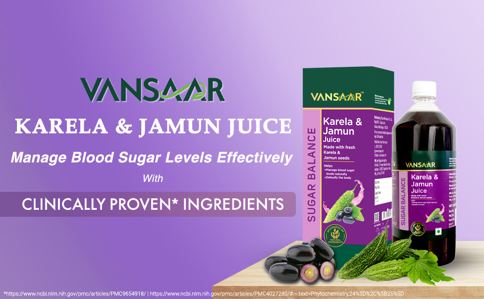 Vansaar 45+ Karela Jamun Juice 1 litre | Natural Sugar Control for Diabetic Care | Manage Blood Sugar Levels with Fresh Karela & Kala Jamun| Sugar Free for Diabetes & Pre - Diabetes care