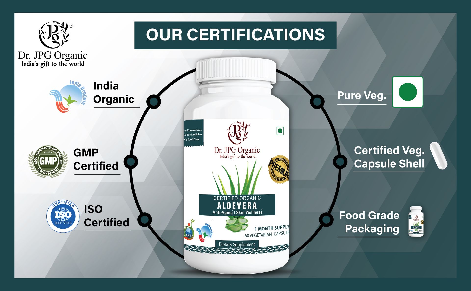 Dr. JPG Organic Aloevera Capsules 120 Veg Capsules/Helps Rejuvinate Skin and Hair/INDIA ORGANIC Certified