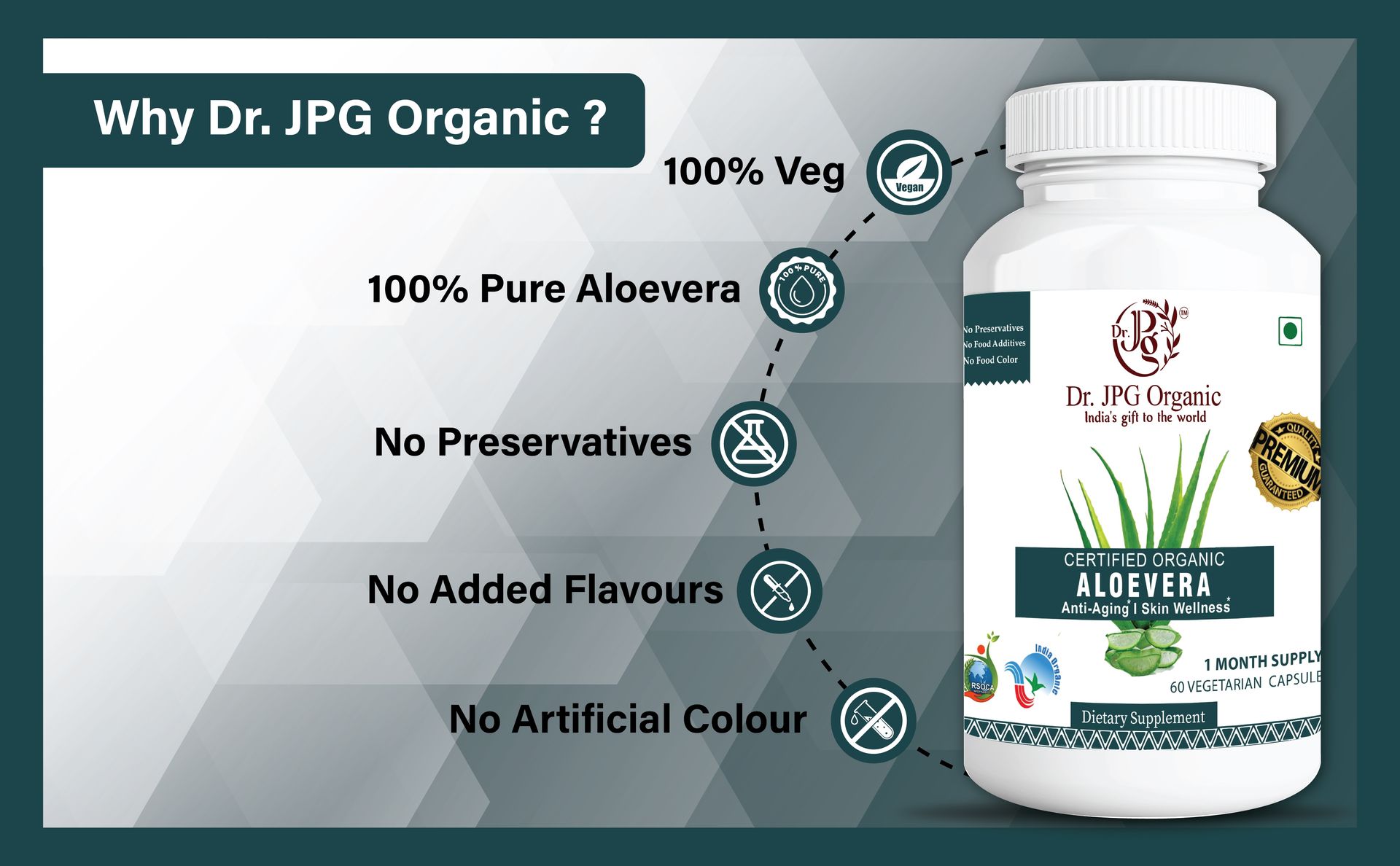 Dr. JPG Organic Aloevera Capsules 120 Veg Capsules/Helps Rejuvinate Skin and Hair/INDIA ORGANIC Certified