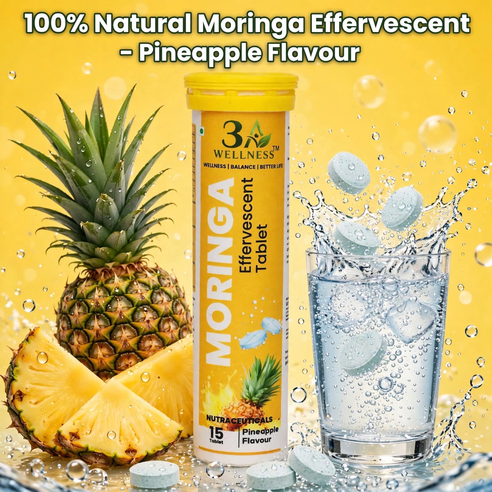 Moringa Effervescent Tablets | For Immunity, Skin Health & Stress Relief | With Ashwagandha, Amla, Giloy & Tulsi | Pineapple Flavour | (15 Tablets per Pack)