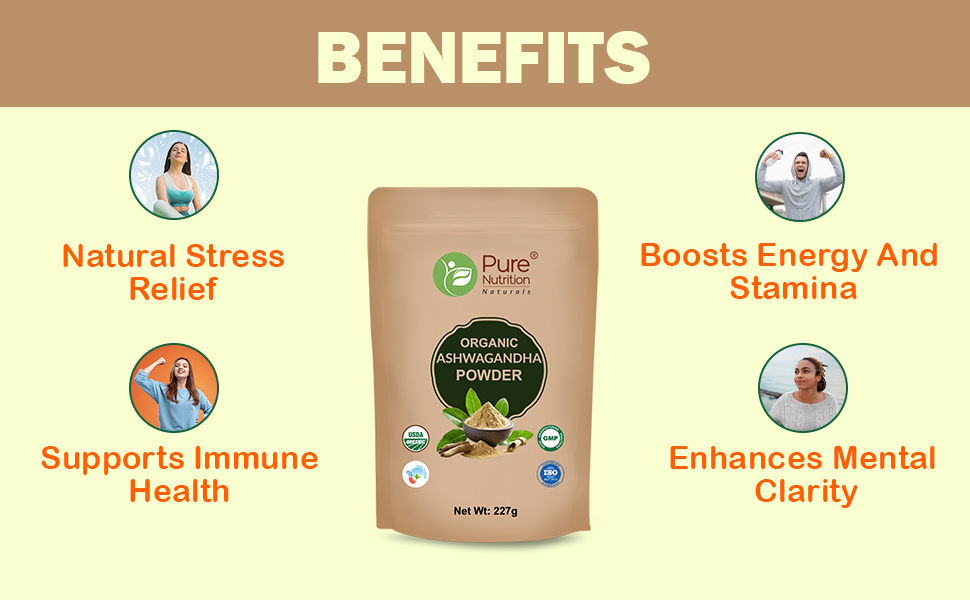 Pure Nutrition Organic Ashwagandha Root Powder, 227g | Supports Stress Management, Sleep, Fertility, Immunity, Vitality & Strength | Amukkara Kizhangu Choornam | USDA Organic Certified