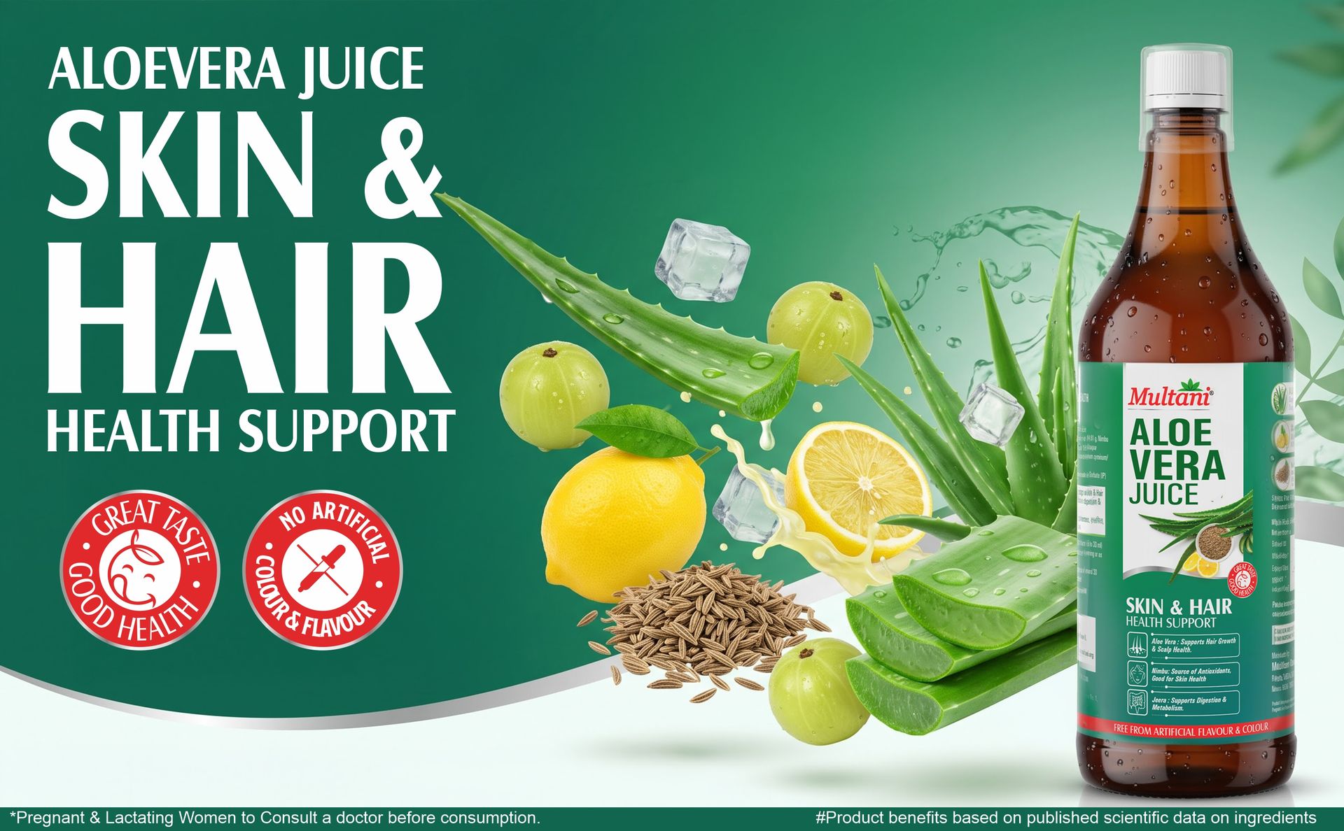 Multani Aloe Vera Juice 1L – Organic Aloe Vera Juice with Nimbu & Jeera | Digestive Health, Immunity Support & Detox Drink | Natural Wellness Supplement | No Artificial Colours & Flavours