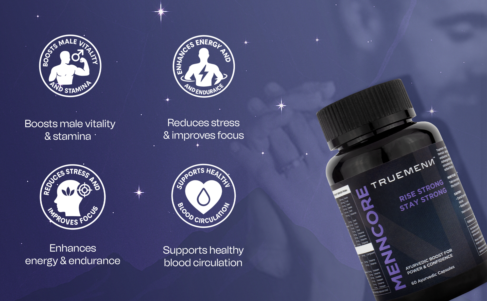 Menncore ED Supplement Capsules For Men | Astavarga 200mg, Kaunch Beej 150mg & Tribulus terrestris 200mg Extract for Power & Confidense | Ayush Certified - 60 Capsules