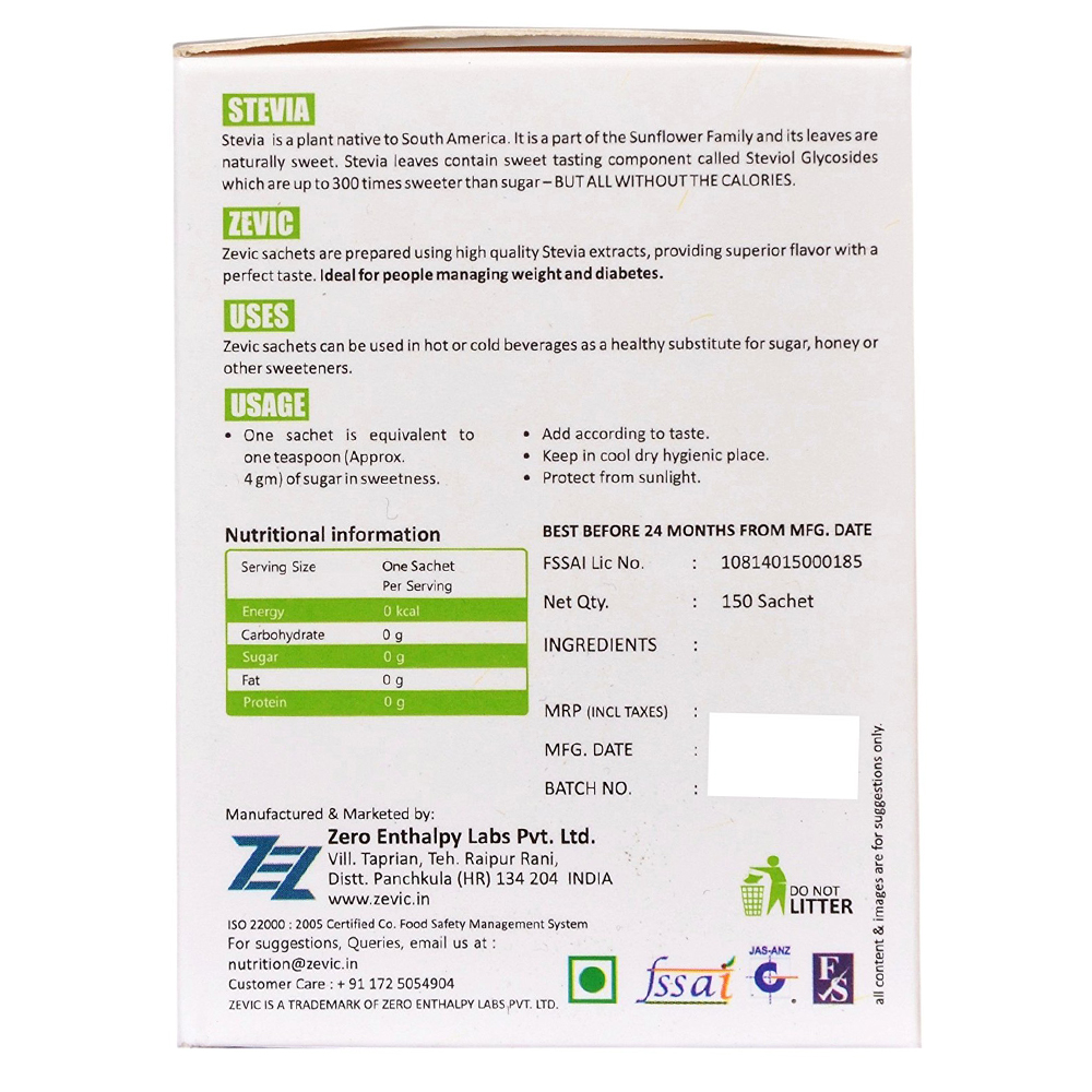 Zevic 100% Sugar Free Natural Stevia Sachets | Zero Calories | Vegan & Keto | Diabetic Friendly - 205 g (150 Units)
