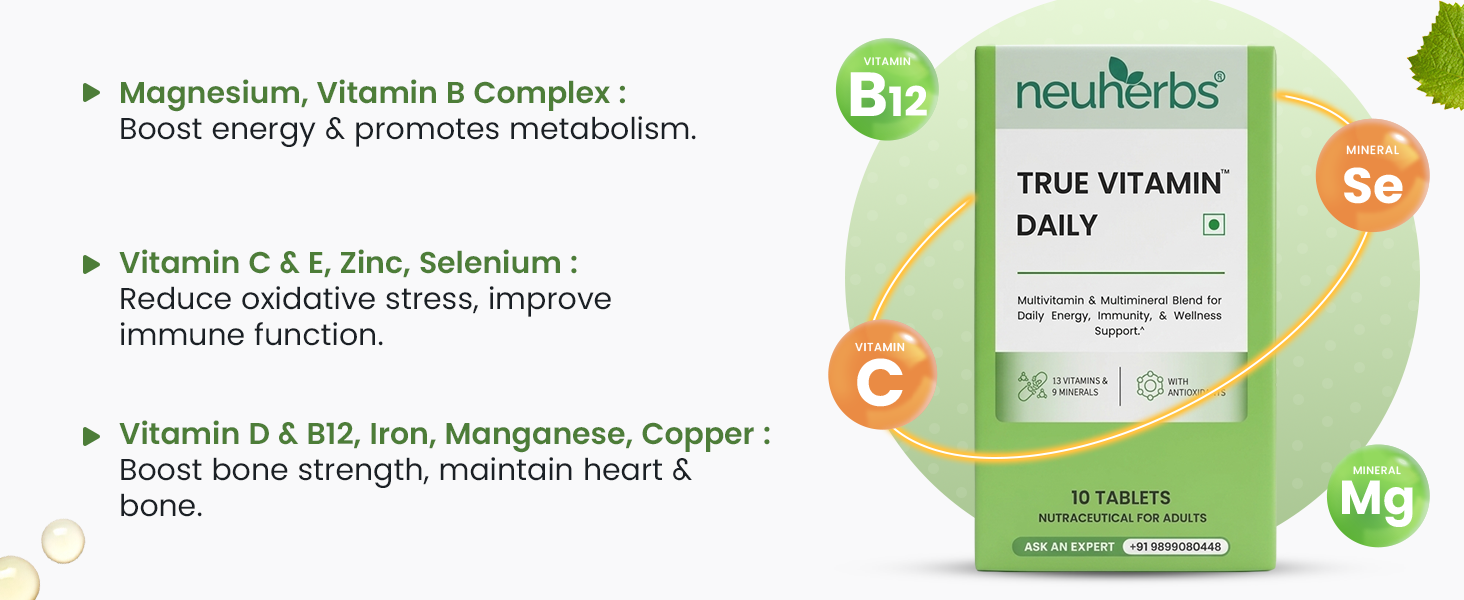 Neuherbs Daily Multivitamin 10 Tablets | True Vitamin for Men & Women with Vitamin C, B12, D, Magnesium, Iron & Zinc | Supports Energy, Stamina & Immunity