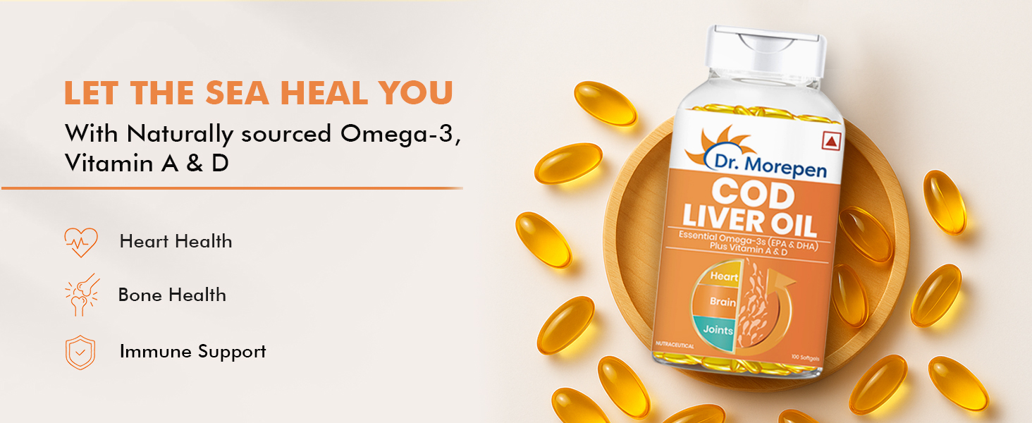 Dr. Morepen COD Liver Oil Capsules | Finest Natural Omega 3, EPA & DHA | Pack of 100 Softgels