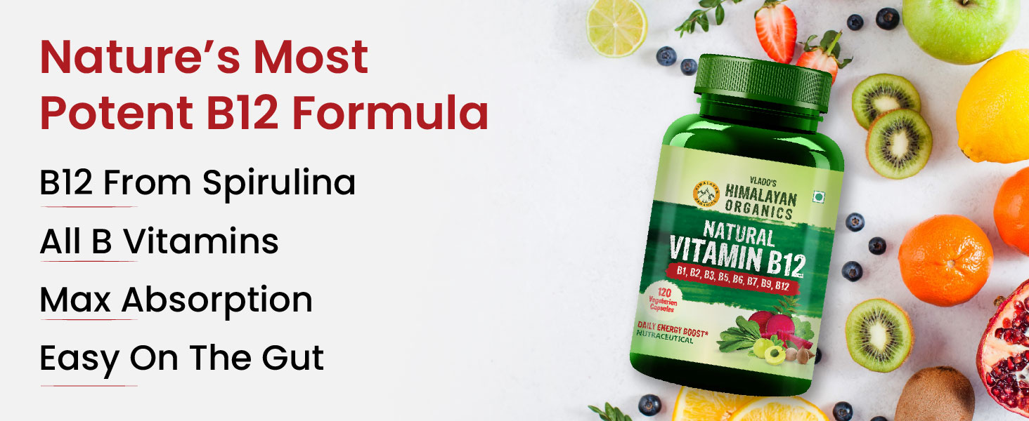 Vlado's Himalayan Organics Plant Based Vitamin B12 Supplement- with Vitamin B1,B2,B3,B5,B6,B7,B9,Moringa | 100% Natural | Support Nerve Health & Brain Function I Energy Production, Energy, Maximize Absorption, Boost Metabolism I Active form of Vitamin B12 For Men & Women - 60 Vegetarian Capsules