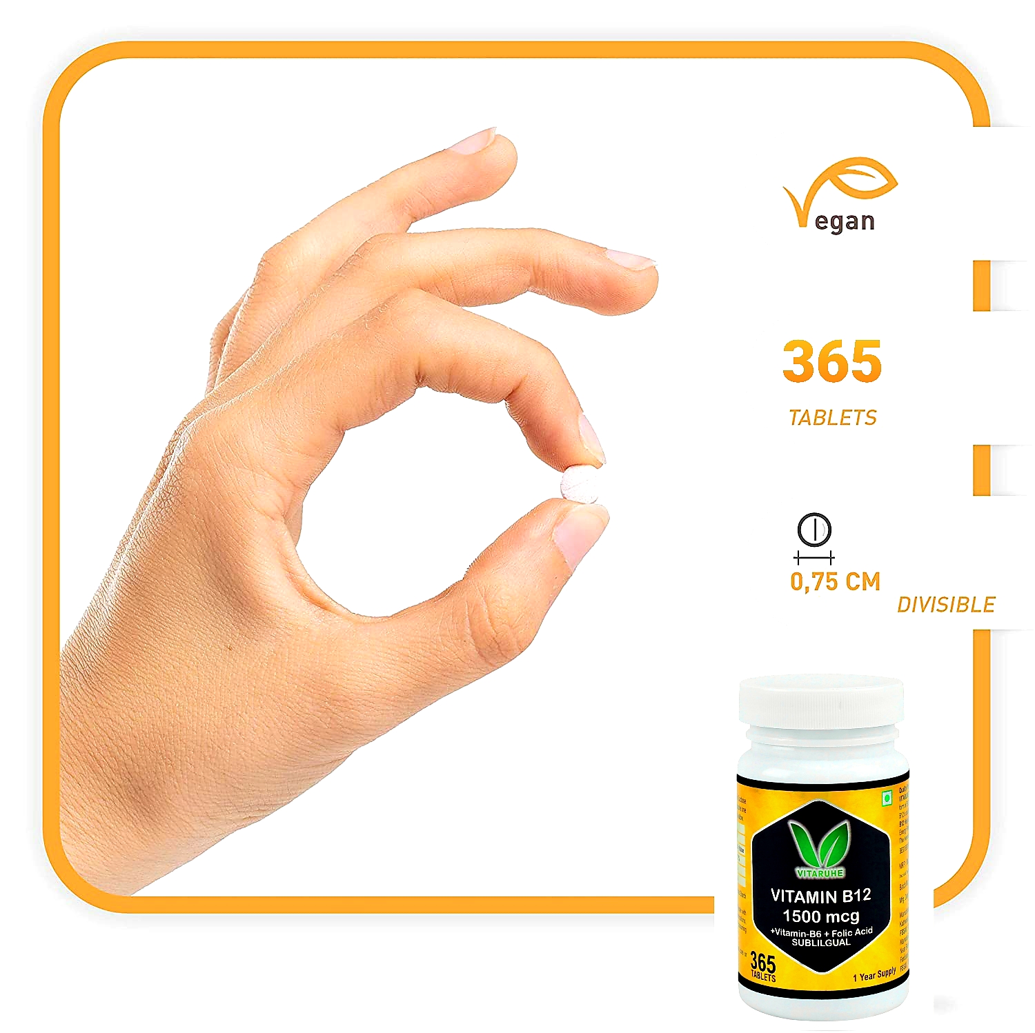 VITARUHE® Vitamin B12 High Dose+ B6/Folic Acid, 365 Tablets Methylcobalamin & Sublingual for Maximum Effects, Vegan, 365 Tablets for 1 year Mango Flavour