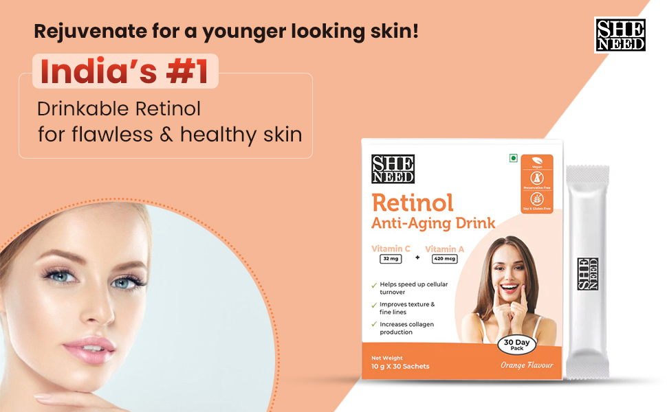 Sheneed Retinol activated anti-aging drink with Pure Vitamin A & C, reduces wrinkles- Vegan- 10g X15 Sachets