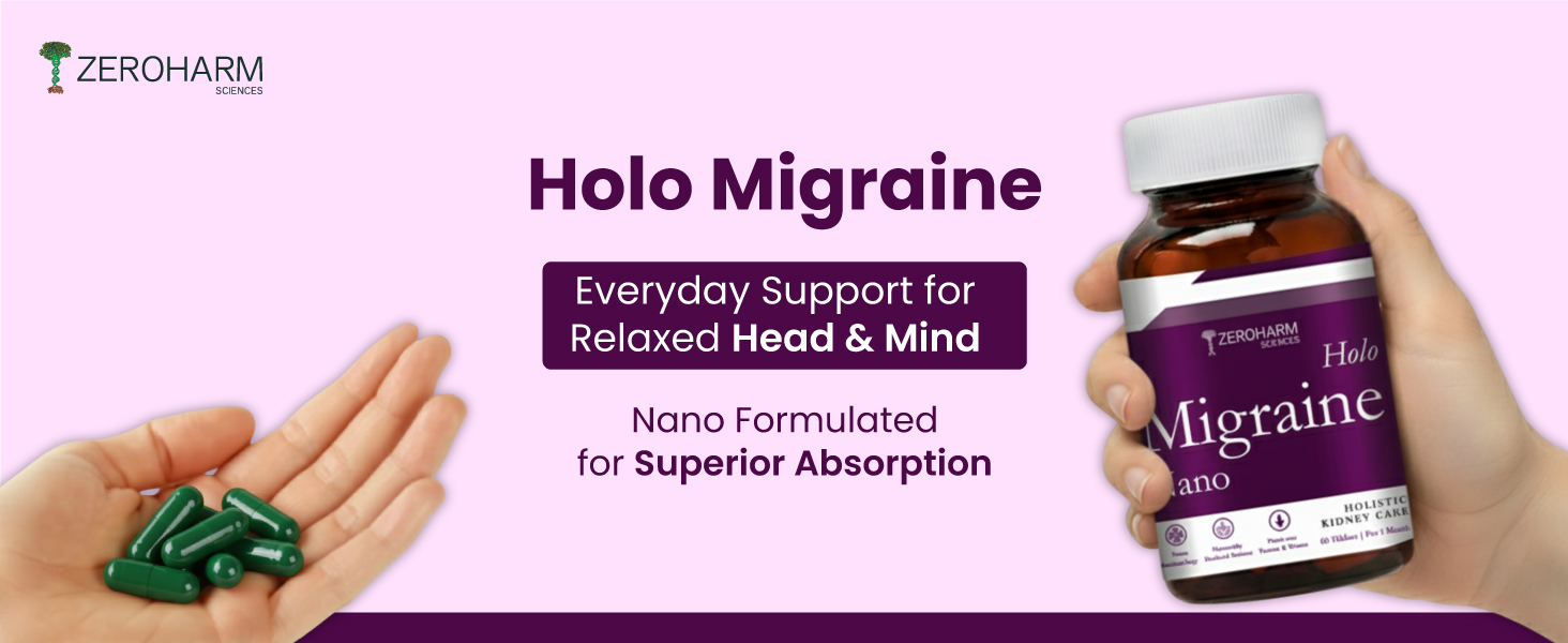 ZEROHARM Holo Migraine Capsules | Headache Relieve Supplement | Reduces Migraine, Non-Drowsy | For Optimal Brain Health | Helps in Reduces Frequency | Men & Women | 60 Capsules