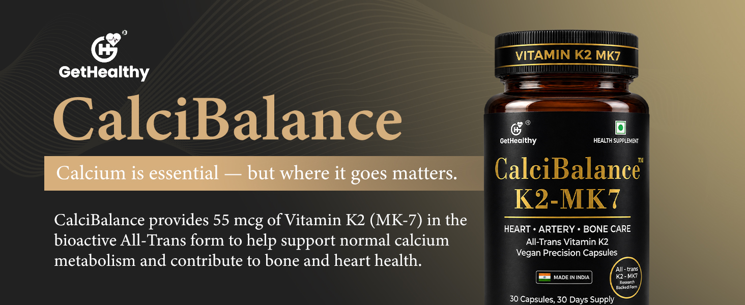 GetHealthy® CalciBalance™ Vegan Vitamin K2 MK7 55mcg Capsules | All-Trans Menaquinone-7 K2 Supplement for Bone & Heart Wellness | Lab Tested | Made in India | 30 Day Supply