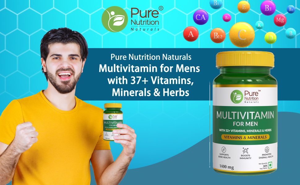 Pure Nutrition Multivitamin for Men (1400mg), 30 Veg Tablets, with Biotin, Iron, Alfa Alfa, Moringa, Ginseng, Fenugreek & Green Tea | Supports Immunity, Energy, Stamina, Bone & Overall Health