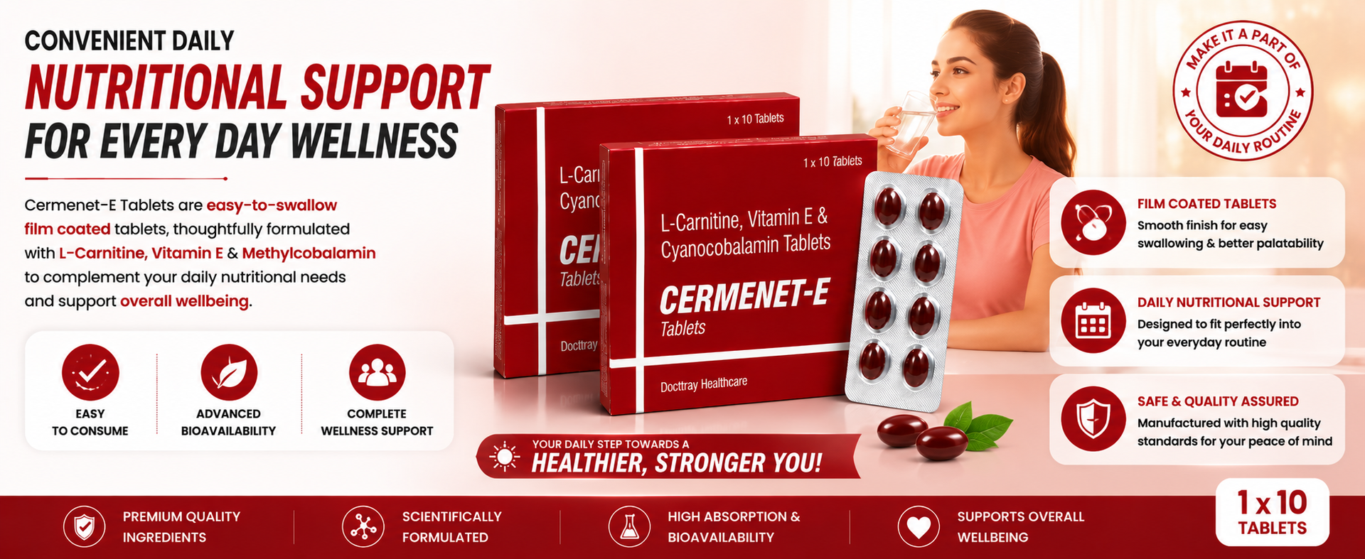 Docttray Cermenet-E Tablets with L-Carnitine, Vitamin E & Methylcobalamin B12 | Daily Vitality & Nutritional Support for Men & Women | 10 Tablets
