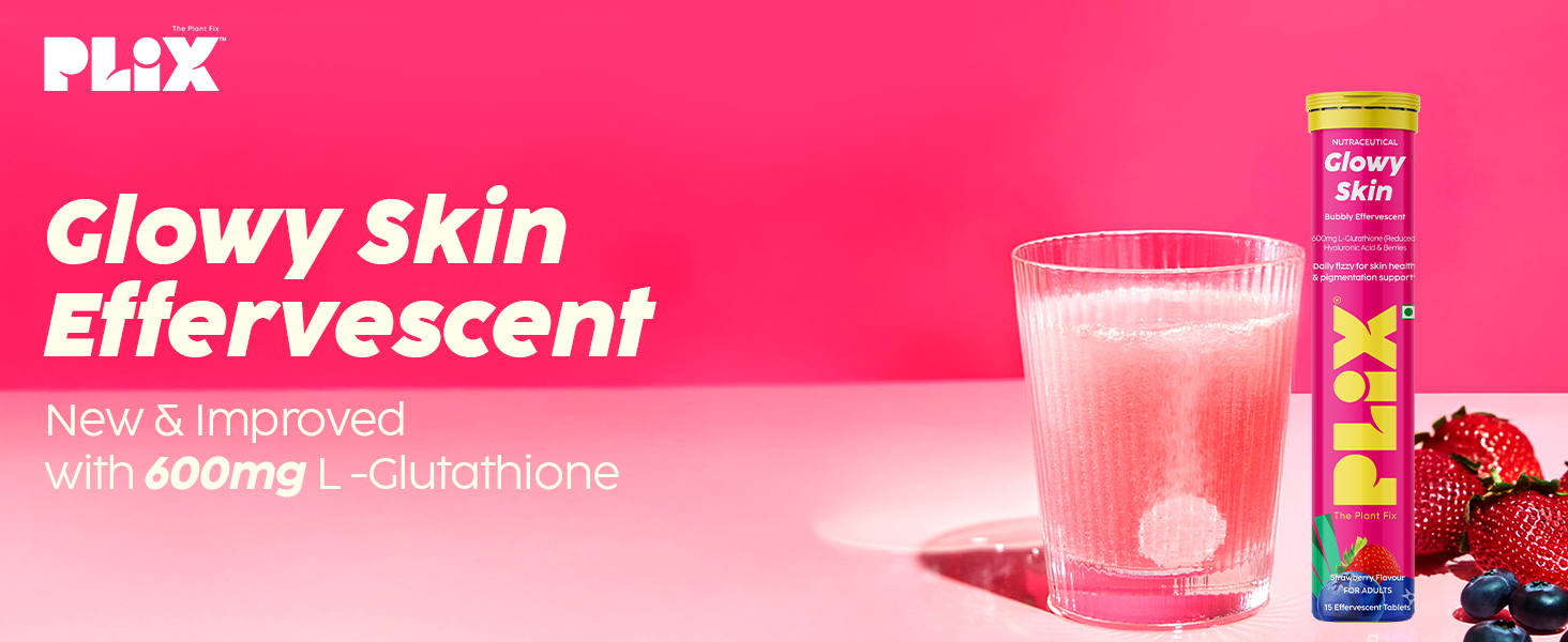 The Plant Fix Plix Glutathione Effervescent Tablets for Clear, Glowing & Youthful Skin | 600mg Glutathione, Vit E & Hyaluronic Acid | No Maltodextrin, No Sugar | Strawberry (Pack of 8)