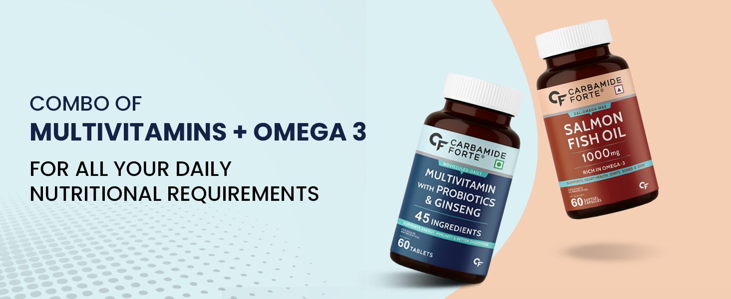Carbamide Forte Multivitamin Tablet for Men with Probiotics & Salmon Omega 3 fish Oil Capsules | Salmon Fish Oil Omega 3 Capsule 1000mg and Multivitamin Tablets Combo | 60 Tablets + 60 Softgels