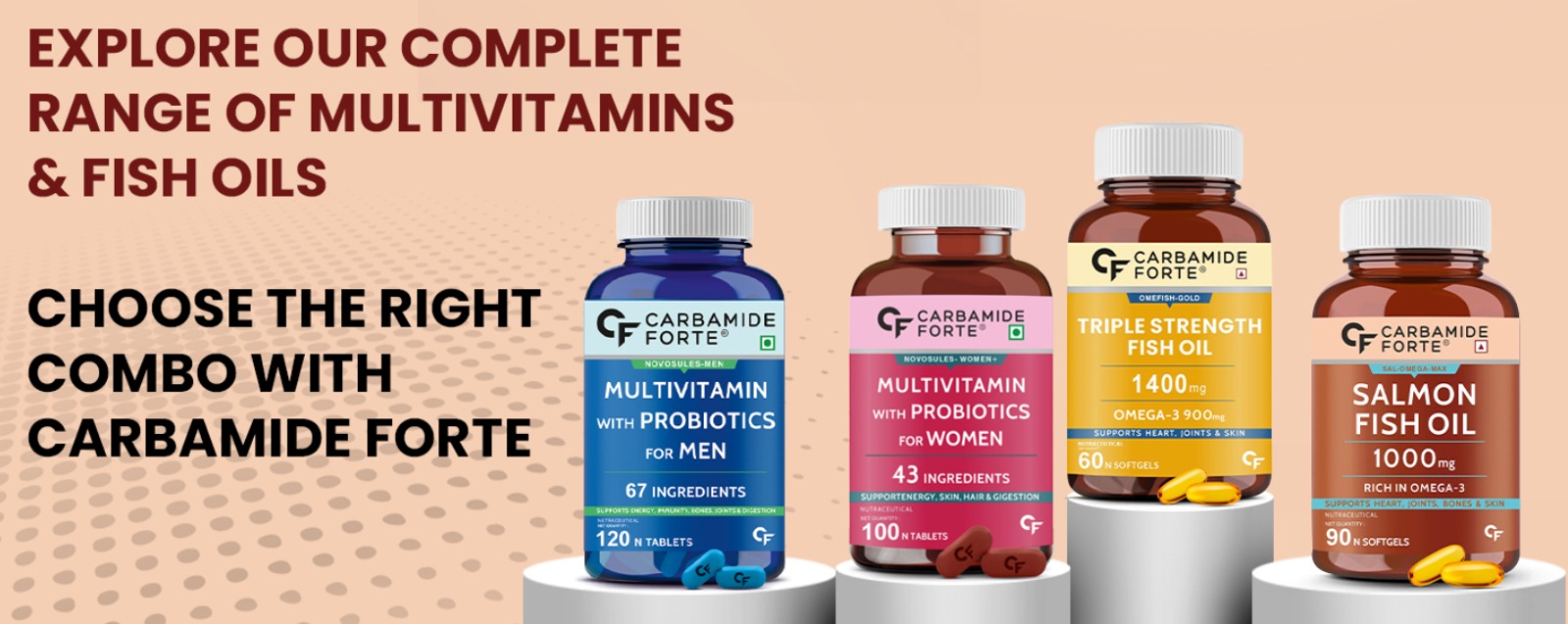 Carbamide Forte Multivitamin Tablet for Men with Probiotics & Salmon Omega 3 fish Oil Capsules | Salmon Fish Oil Omega 3 Capsule 1000mg and Multivitamin Tablets Combo | 60 Tablets + 60 Softgels