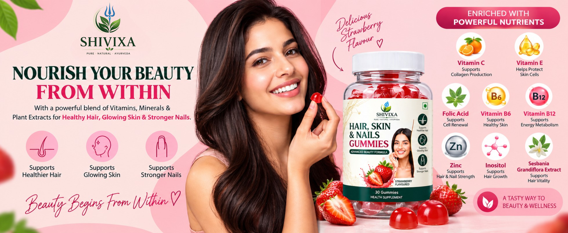 Hair, Skin & Nails (3 in 1 Gummies) - 30 pieces | Enriched with Plant Extracts, Vitamins & Minerals | Brightens Skin, Control Hairfall, Strengthens Hair & Nails