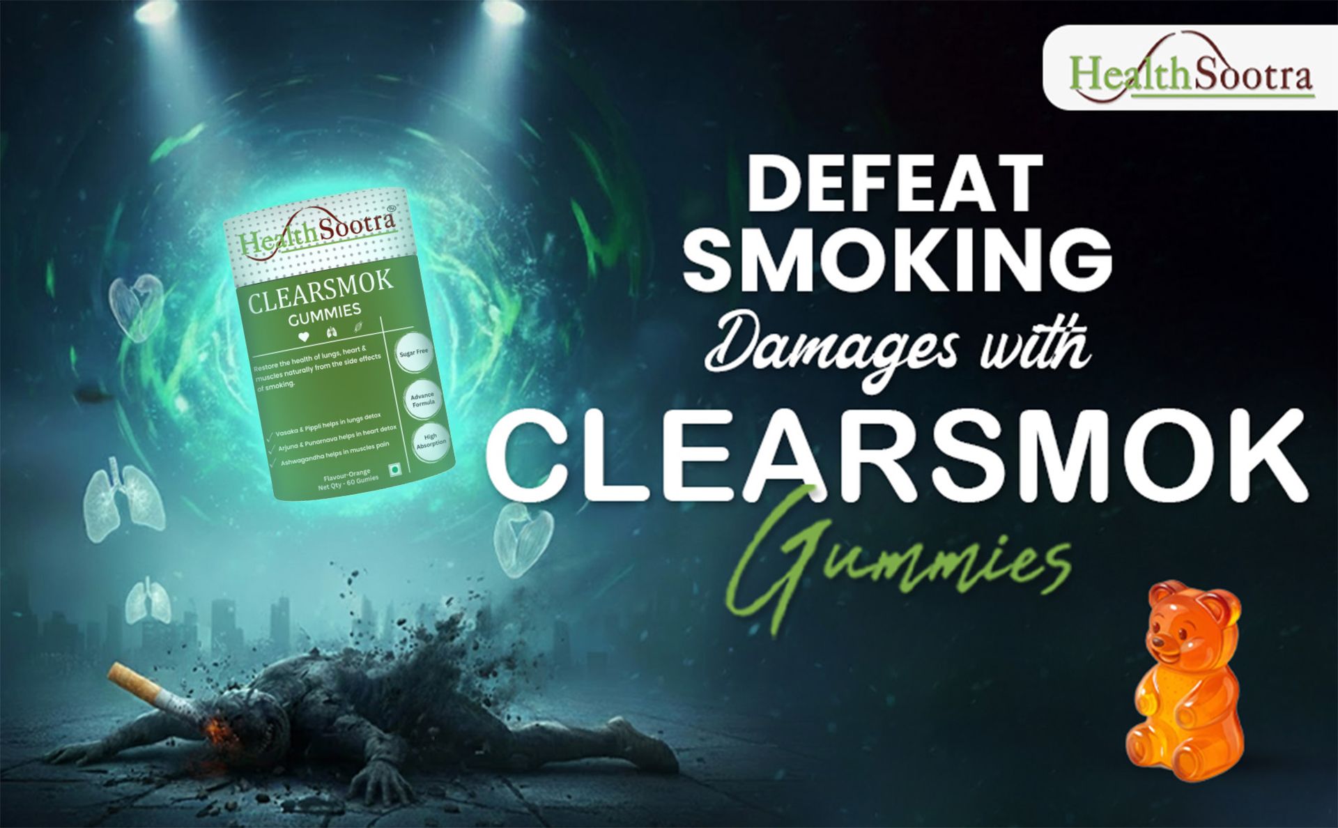 Clearsmok Gummies - Unique Formulation Recover From Side Effects of Smokings on Heart , Lungs & Muscles| Sugar-Free Orange Flavor | Vasaka, Pippali, Arjuna, Punarnava, Ashwagandha | Advanced Formula | Natural Ingredients | 60 Gummies Pack | Complete Detox (Pack of 1)