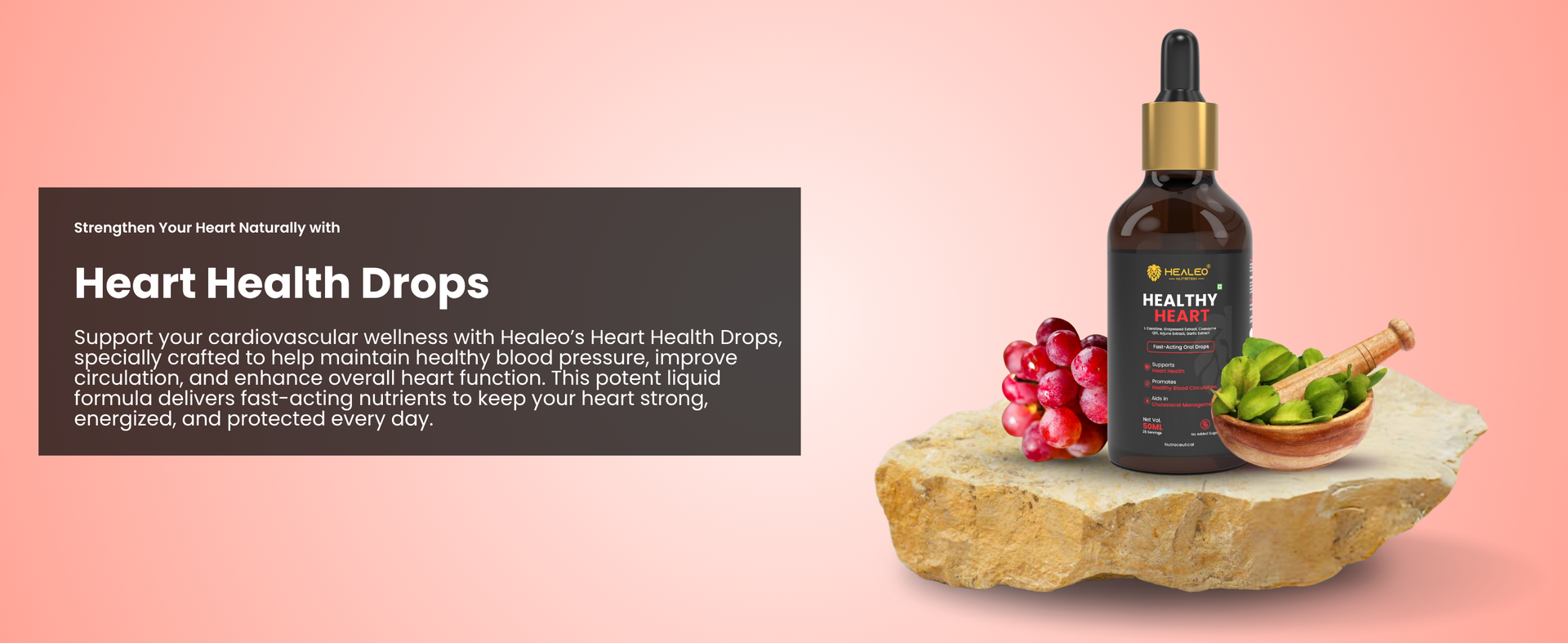 Healeo Healthy Heart Drops 50ml – Fast-Acting Liquid Supplement with CoQ10, Arjuna, Grapeseed Extract, L-Carnitine – Supports Cholesterol, Blood Pressure & Circulation, No Sugar, Non-GMO