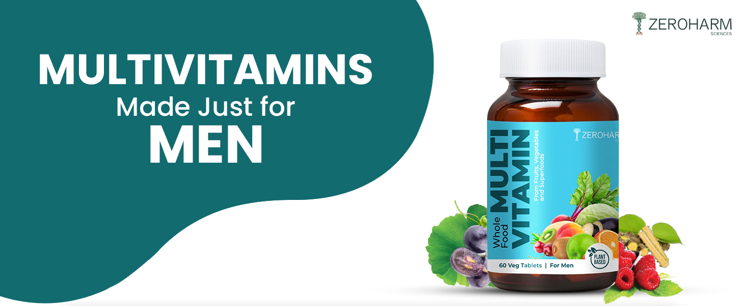 ZEROHARM Multivitamin Tablets for Men | Whole Food Multivitamin with Essential Vitamins A, B, C, D, E & Iron, Zinc, Magnesium | Daily Supplements for Immunity & Energy Support | 60 Veg Tablets
