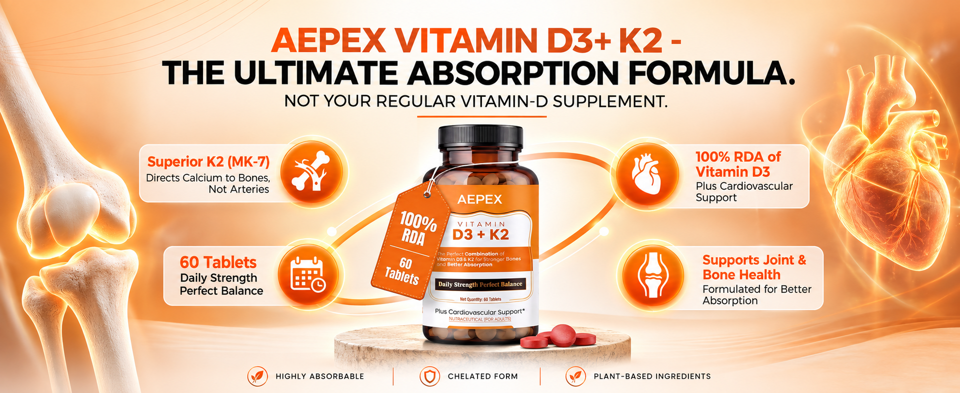 Vitamin D3 K2 Supplement | Vitamin K2 MK7 to support Bone & Heart Health | Veg D3-60 Tablets