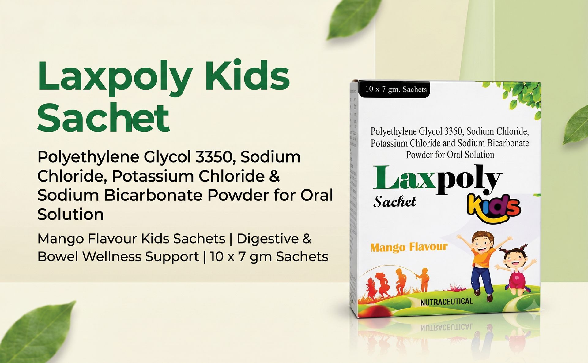 Kids Sachet | Polyethylene Glycol 3350, Sodium Chloride, Potassium Chloride & Sodium Bicarbonate Powder for Oral Solution | Mango Flavour Kids Sachets | Digestive & Bowel Wellness Support | 10 x 7 gm Sachets