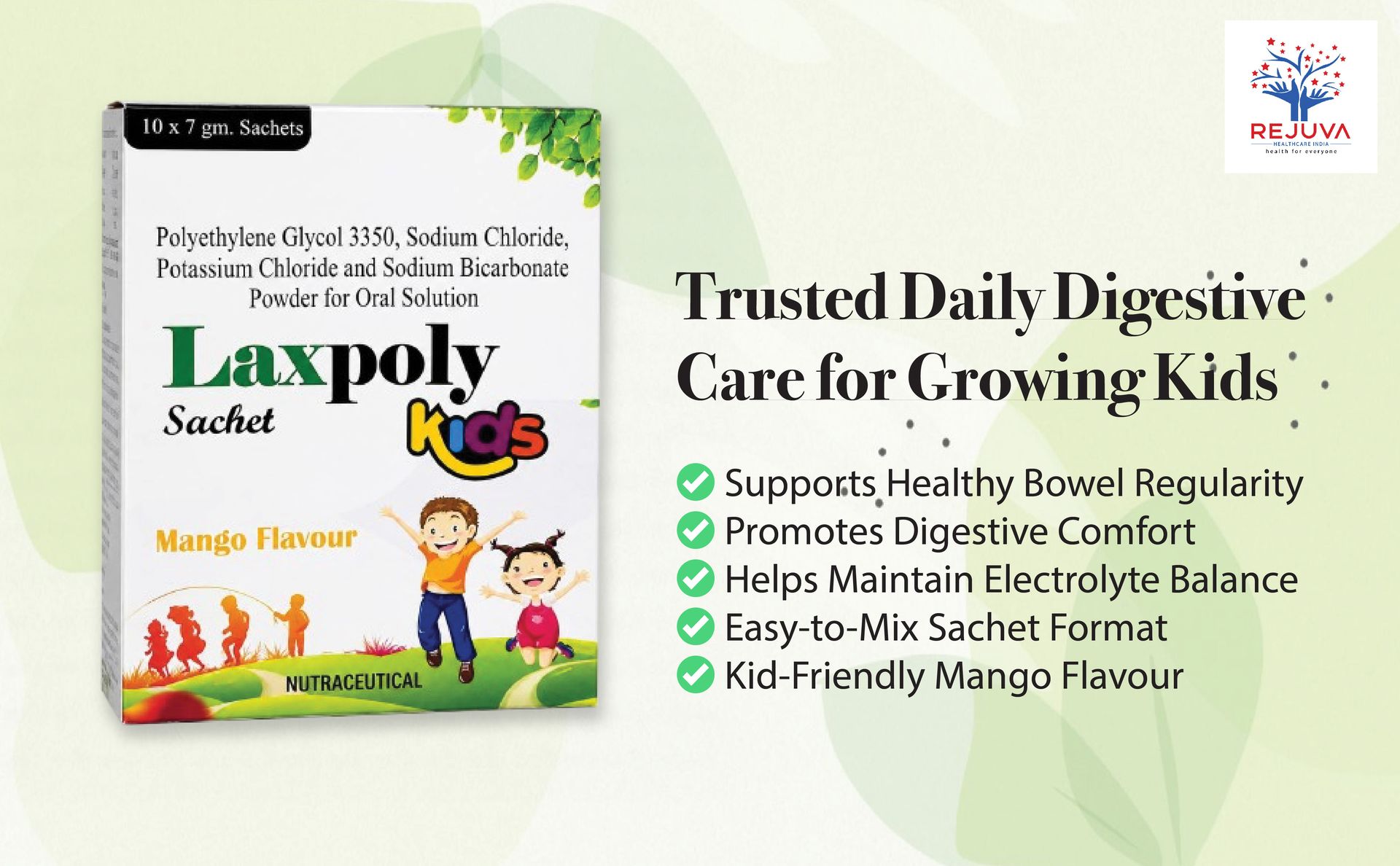 Kids Sachet | Polyethylene Glycol 3350, Sodium Chloride, Potassium Chloride & Sodium Bicarbonate Powder for Oral Solution | Mango Flavour Kids Sachets | Digestive & Bowel Wellness Support | 10 x 7 gm Sachets