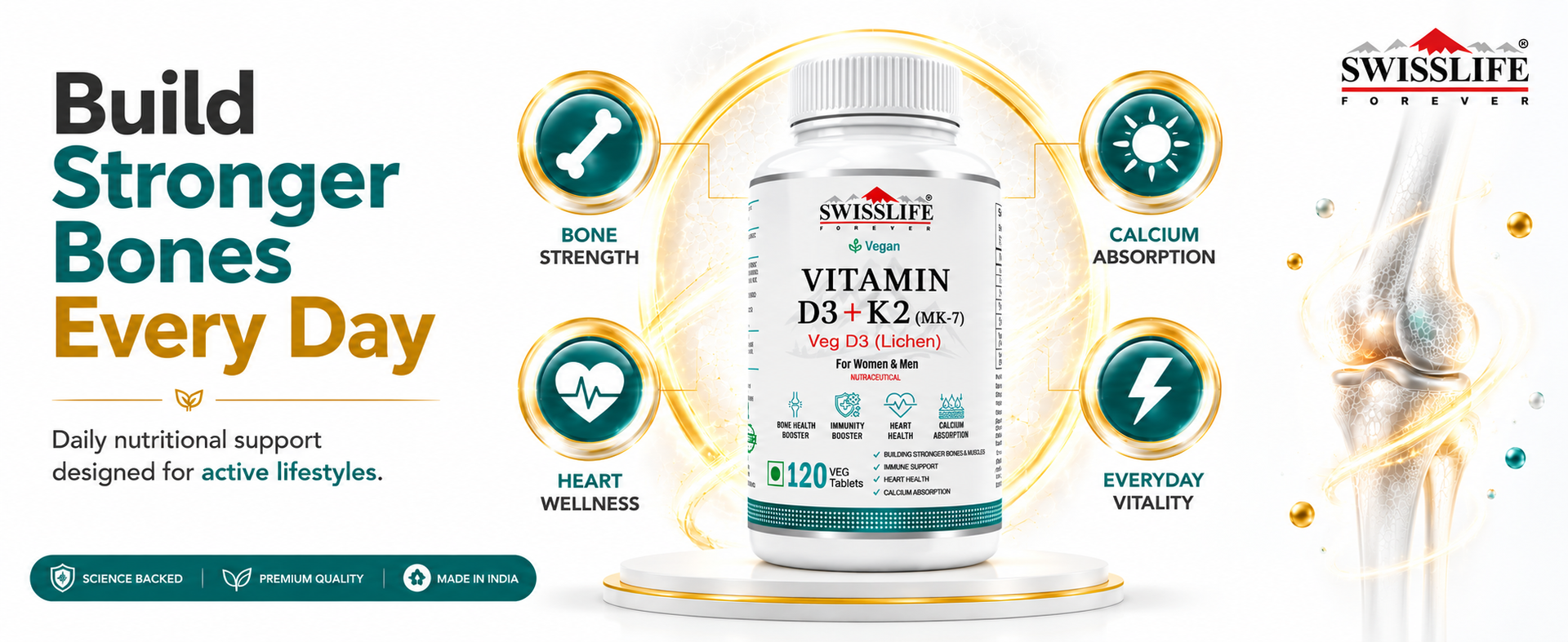 Swisslife Forever Vitamin D3 & K2 as Mk7 Supplement | Immune Support | Promotes Bone and Heart Health Support | 120 Veg Tablets