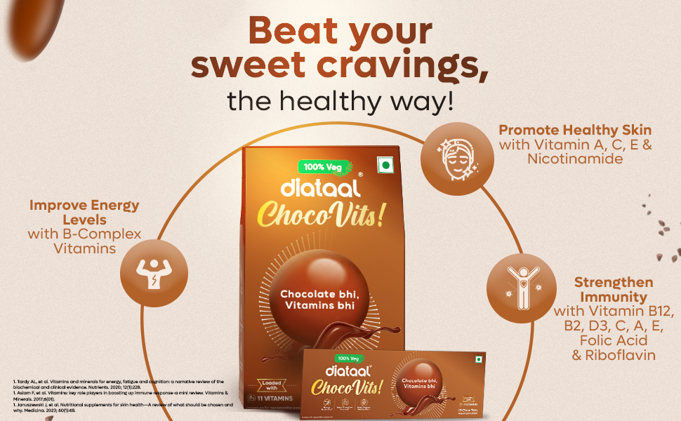 Diataal ChocoVits Veg, Chewable Multivitamin | 30 Chocolaty Tabs with 11 Essential Vitamins | Power of B-complex vitamins, B12, D3, Nicotinamide, Vitamin A, C & E for Energy | Immunity | Healthy Skin.