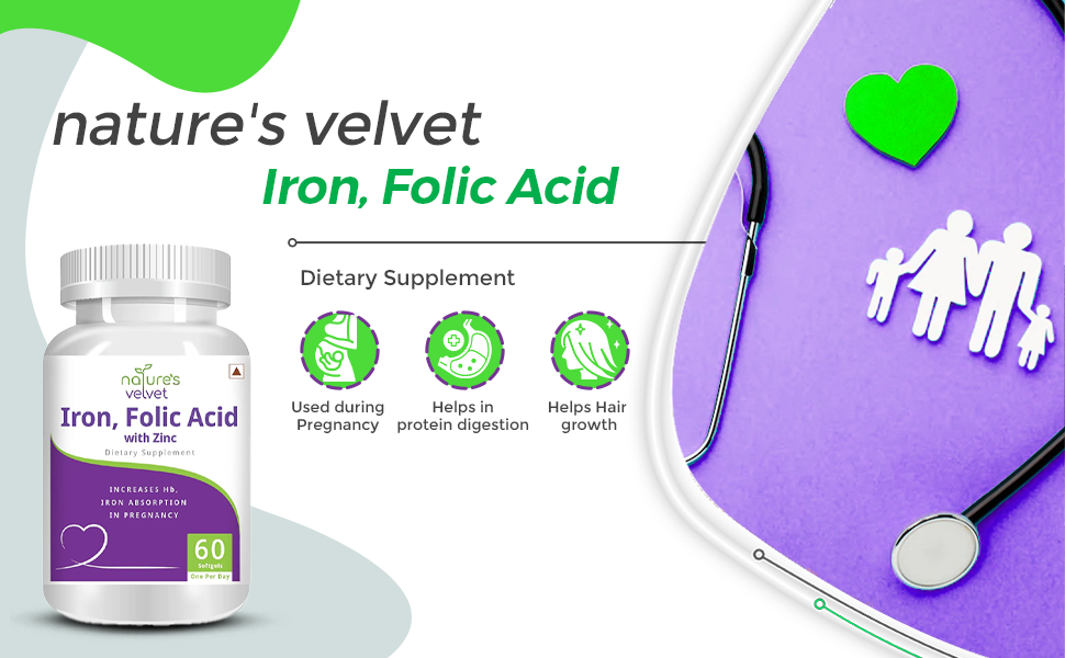 Natures Velvet Lifecare Iron & Folic Acid with Zinc,For Supplementation in Pregnancy, 60 softgels - Pack of 1