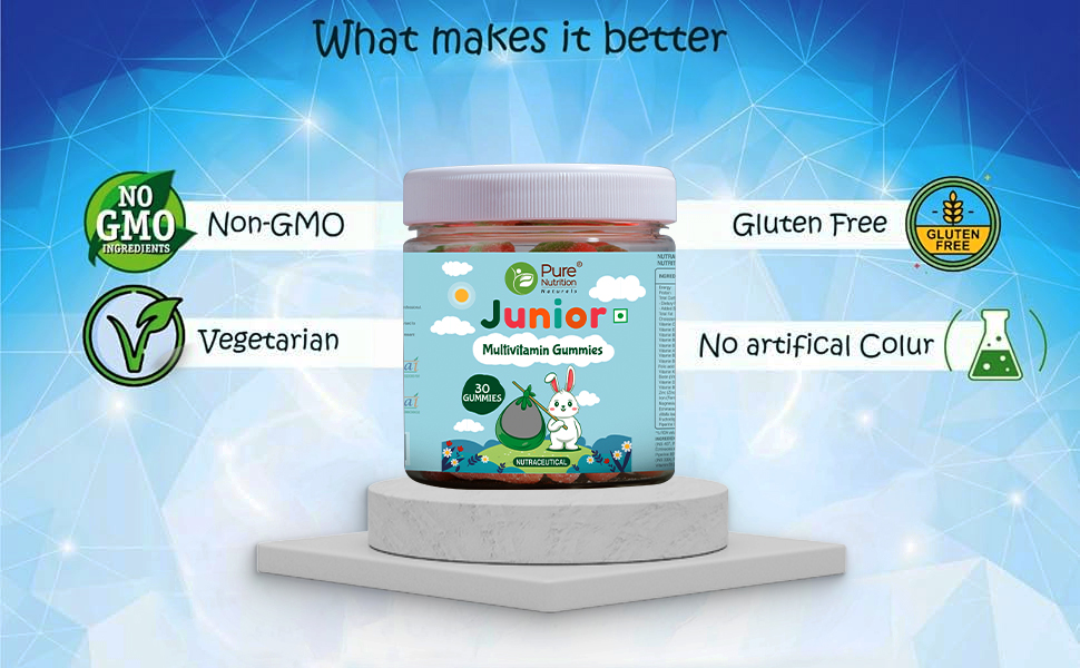Pure Nutrition Multivitamin Kids Gummies (60 Veg Gummies) with Free Toy | Ashwagandha, Vitamin B & Lysine | Supports Child's Immunity, Bone Health, Memory & Overall Growth | Strawberry Flavour