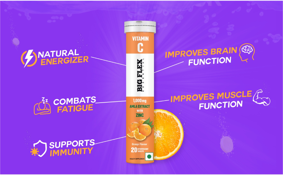 Bigflex Vitamin-C 1000mg Natural Amla Extract + 10mg Zinc | Antioxidants Support | Natural Immunity Booster | Skin Care | Zero Sugar - Pack of 1 (20 Fizzy) Effervescent Tablets - Orange flavour