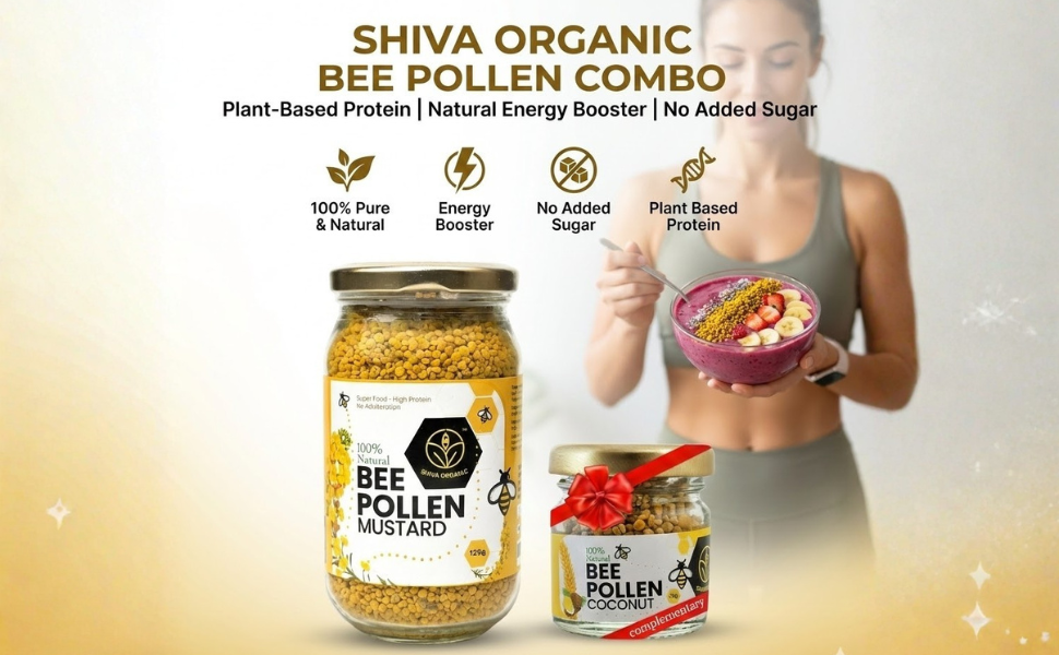 Shiva Organic Mustard Bee Pollen 125 grams + Coconut Bee Pollen 25 grams Plant Based Protein Energy Booster No Added Sugar