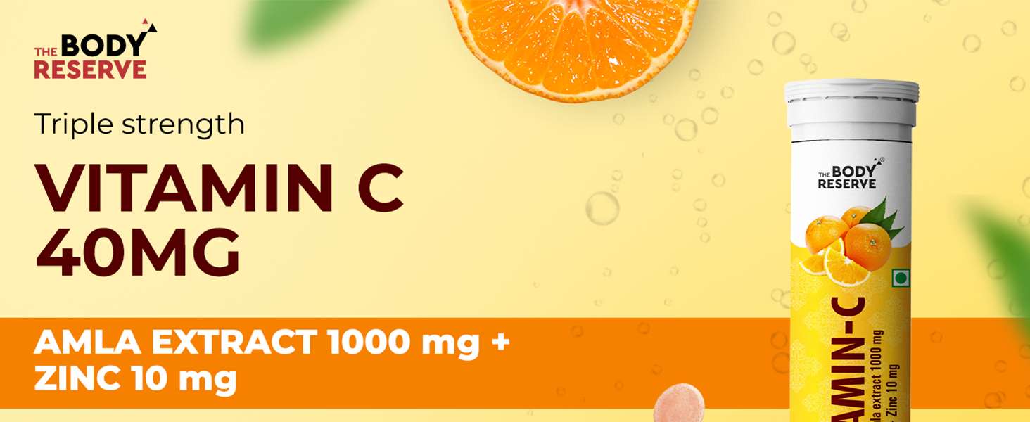 The Body Reserve Natural Vitamin C, Amla Extract With Zinc For Immunity, Skin Care, Antioxidants and Energy Boost, Orange Flavour 20 Effervescent Tablets (Pack Of 1)