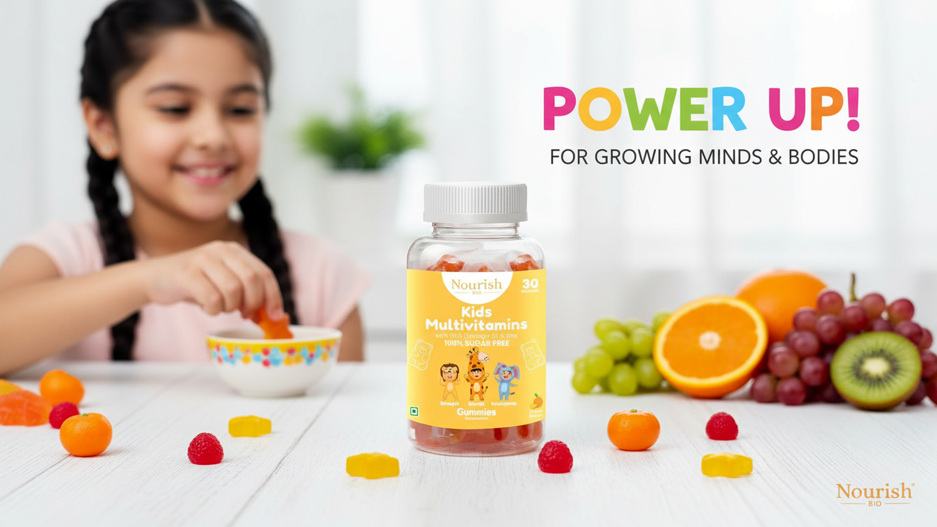 Nourish BIO Kids Multivitamin (Sugar-Free) Gummies with Calcium, Vitamin D3, A, B6, B12, C, E, Folic Acid, Biotin DHA & Zinc, for growth & development Supports Immunity, Energy, and Bone Health (2, 30 Gummies Per Pack)