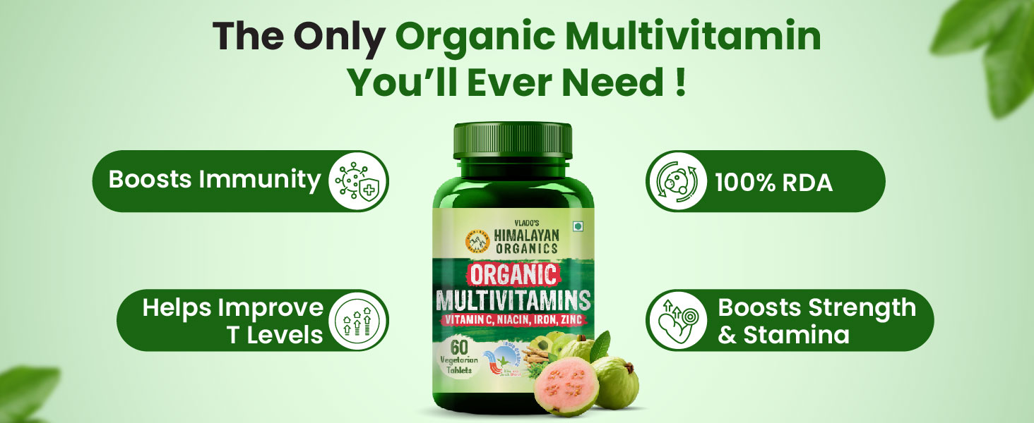 Vlado's Himalayan Organics - Organic Multivitamins with Iron ,Zinc ,Vitamin B3, C ,Organic Ashwagandha , Tribulus & Turmeric - 100% Organic , Non-Synthetic - for Immunity, Engergy stamina , Hair, Skin & Bones - 60 Veg Tablets