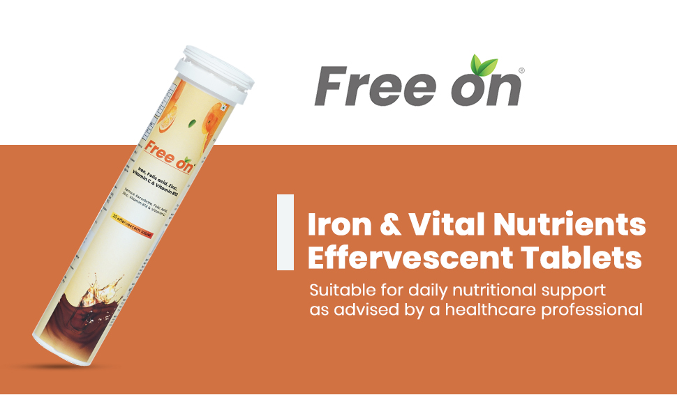 Free On Iron, Folic Acid, Zinc, Vit C & B12 Effervescent, 20 Tablets