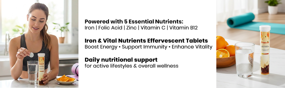 Free On Iron, Folic Acid, Zinc, Vit C & B12 Effervescent, 20 Tablets