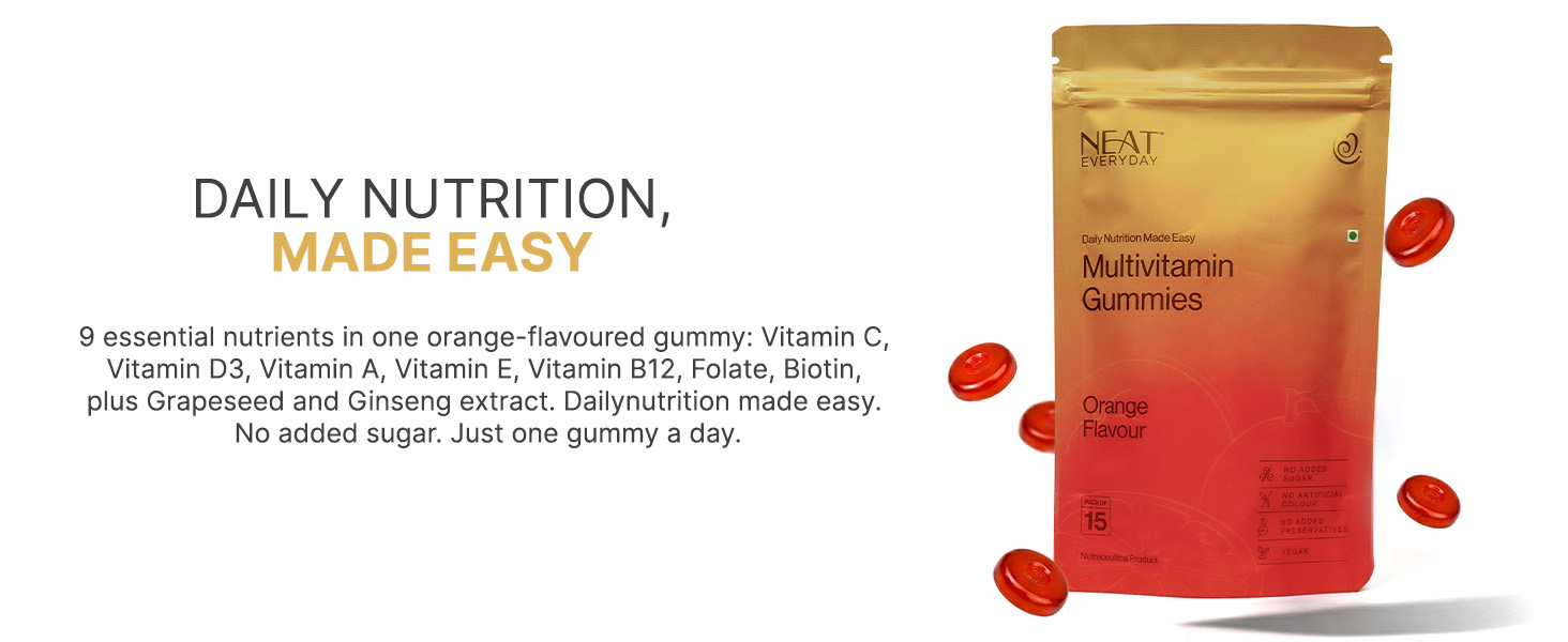 NEAT EVERYDAY Multivitamin Gummies | Orange Flavour | No Added Sugar | Vegan Gummies | No Artificial Colour & Preservatives | Daily Health Supplement | Pack of 15