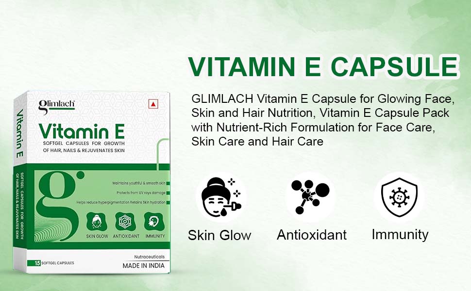 GLIMLACH Vitamin E Capsule for Glowing Face, Skin and Hair Nutrition, Vitamin E Capsule Pack with Nutrient-Rich Formulation for Face Care, Skin Care and Hair Care (15 Capsules Each) (Pack of 7)
