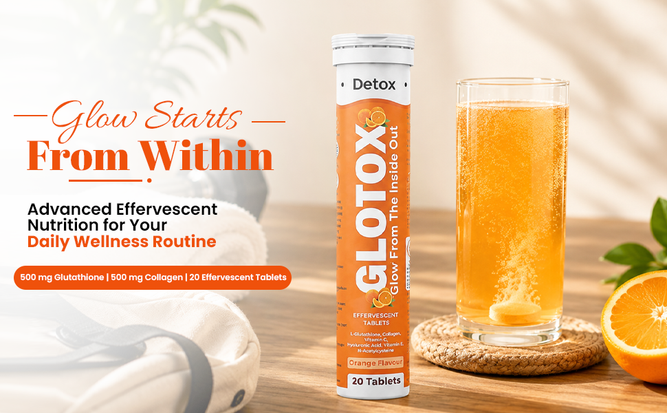 GLOTOX L Glutathione 500 mg Effervescent Tablets | Collagen 500 mg | Vitamin C | Hyaluronic Acid | Vitamin E | NAC | Orange Flavour | Dietary Supplement | 20 Tablets Pack of 1
