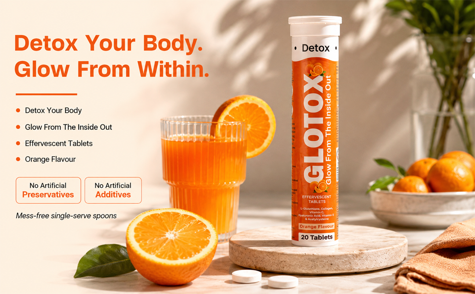 GLOTOX L Glutathione 500 mg Effervescent Tablets | Collagen 500 mg | Vitamin C | Hyaluronic Acid | Vitamin E | NAC | Orange Flavour | Dietary Supplement | 20 Tablets Pack of 1