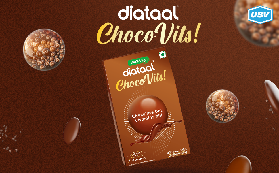 Diataal ChocoVits Veg Chewable Multivitamin | 10 Chocolaty Tabs with 11 Essential Vitamins | Power of B-complex vitamins, B12, D3, Nicotinamide, Vitamin A, C & E for Energy | Immunity | Healthy Skin.