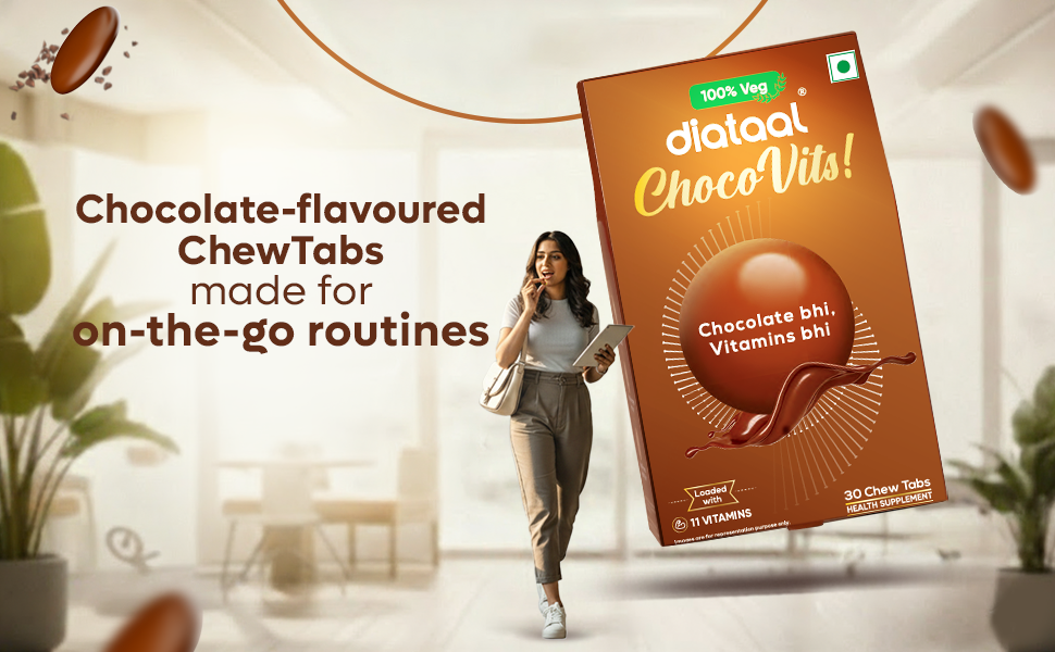 Diataal ChocoVits Veg Chewable Multivitamin | 10 Chocolaty Tabs with 11 Essential Vitamins | Power of B-complex vitamins, B12, D3, Nicotinamide, Vitamin A, C & E for Energy | Immunity | Healthy Skin.