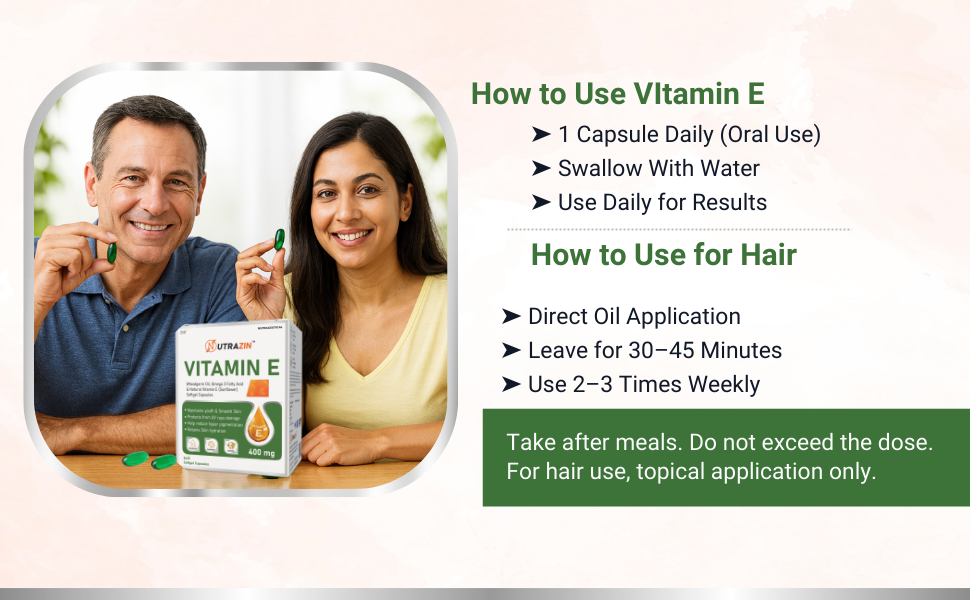 Vitamin E 400 mg Capsules | Vitamin E Capsules for Face and Hair | Supports Skin Hydration, Hair Care & Antioxidant Support | 50 Softgels